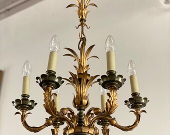Antique Italian Gold Tole Chandelier Hollywood Regency Gilt Metal Ceiling Light Romantic Chandelier