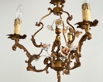 Antique Italian Bronze Chandelier with Putti Wrought Iron Ceiling Light Antique Chandelier with Ceramic Flowers Romantic Chandelier