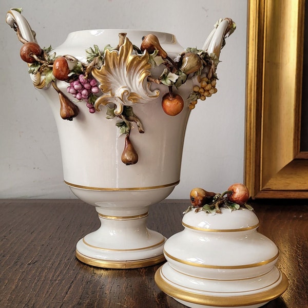 Capodimonte Ceramic Vase  Antique Ceramic Vase with Handles and Lid Ceramic Vase With Flowers and Fruits