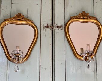 Antique Pair Gilded Wood Wall Sconce with Mirror Luigi XV Applique with Crystals Wall Lighting Antique Gold Wood Sconces
