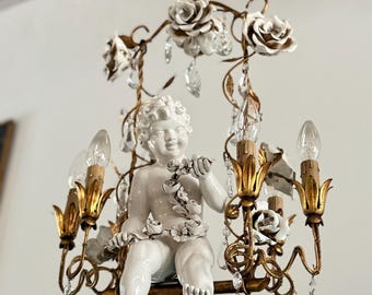 Lustre antigo italiano em metal dourado, luminária de teto romântica, par de lustres.