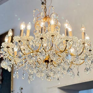 Large Antique Italian Tole Chandelier Gilded Ceiling Light Antique Chandelier with Crystal Drops Florentine Chandelier Crystal Chandelier