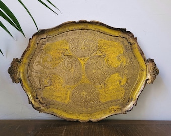 Large Florentine Tray Wood Tray Vintage Serving Tray Yellow and Gold Pattern Made un Italy Shabby chic decor