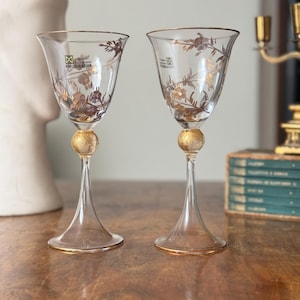 Antique Murano Wine Glasses with Gold Rim and Etched Floral Pattern Crystal Goblets Wedding Glasses
