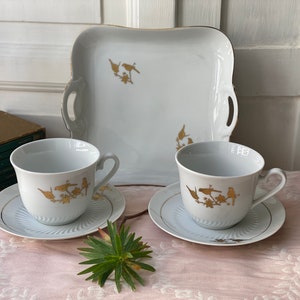 Set of 2 Tea Cups Two Porcelain Cups and Saucer with Tray Decorated with Gold Birds White Porcelain Tea Cups a Collectible Tea Cup