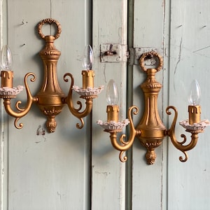 Italian Tole Gilded Sconces with Flowers Romantic Wall Sconces Bohemian Lighting Pair Sconces Gild Metal Sconces Florentine Lights