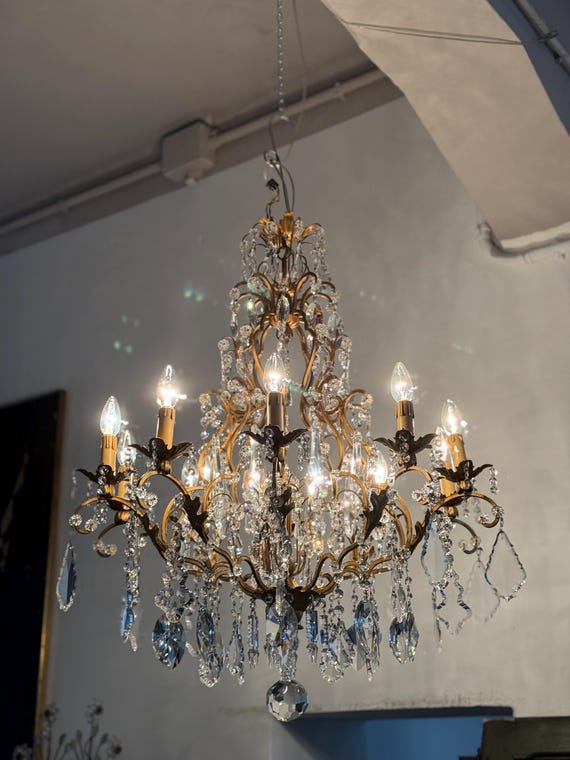 Lustre fer forgé noir à 10 branches années 80