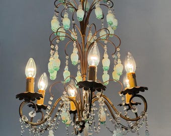 Antique Italian  Tole Chandelier Murano Drops Chandelier Crystal Ceiling Light Antique Chandelier with Crystal Drops Bohemian Chandelier