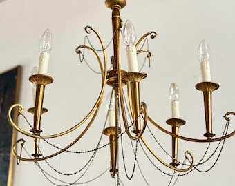 Lustre en laiton doré italien du milieu du siècle, lustre romantique en métal doré régence hollywoodien, lustre romantique