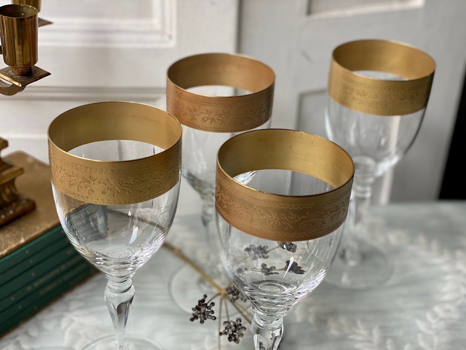 Antique Murano Wine Glasses With Gold Rim and Etched Floral Etsy