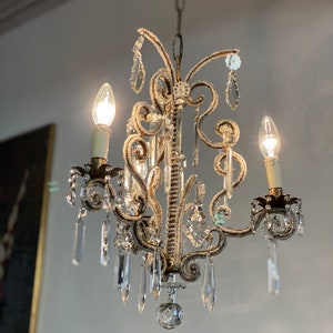 Antique Italian Tole  Chandelier with Crystal Drops Gilded Ceiling Lamp Antique Pendant Lighting Louis XV Gold Chandelier