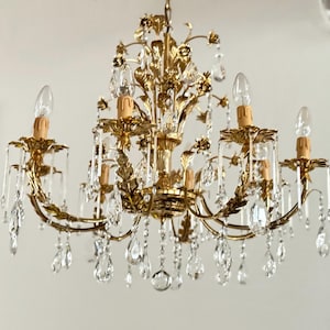 Mid Century Large Italian Chandelier Waterfall Chandelier Gold Metal and Crystal Pendants Ceiling Light Hollywood Regency Chandelier