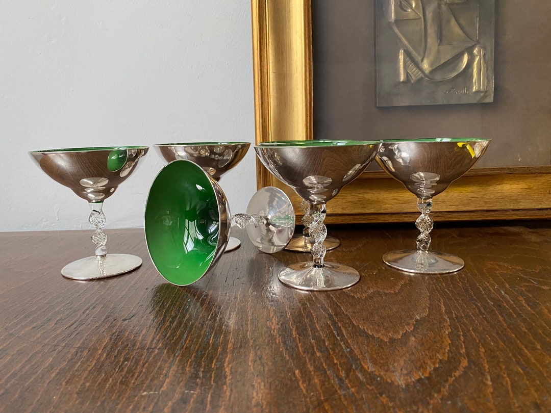 Vintage Murano Cocktail Glasses Champagne Coupes Green Champagne Glasses Set of 4 Art Deco