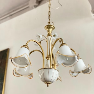 Mid Century Gold Brass Chandelier with Murano Glass Shades Murano Ceiling Light Murano Pendant Light Hollywood Regency Chandelier