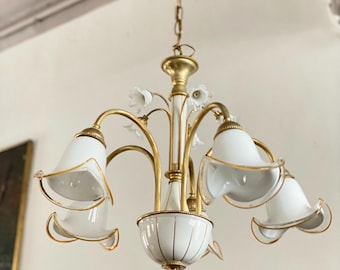 Mid Century Gold Brass Chandelier with Murano Glass Shades Murano Ceiling Light Murano Pendant Light Hollywood Regency Chandelier
