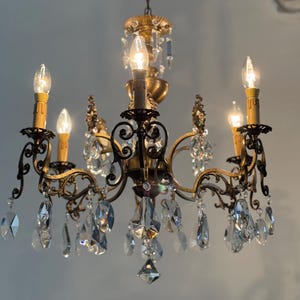 Antique Italian Gold Brass Ceiling Light Antique Chandelier with Crystal Drops Florentine Chandelier