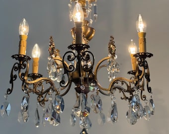 Plafonnier Antique en Laiton Doré, Italie Lustre Antique avec Pampilles en Cristal Lustre Florentin