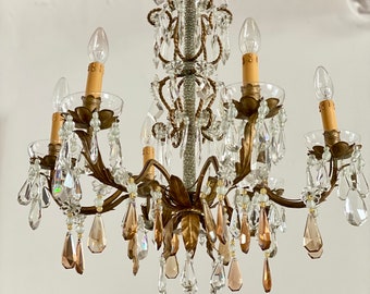 Large Antique Italian Tole Chandelier Gilded Ceiling Light Antique Chandelier with Crystal Drops Florentine Chandelier Crystal Chandelier