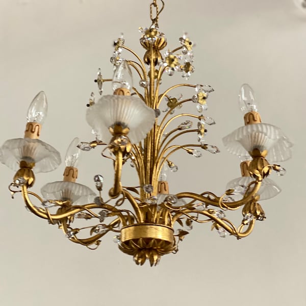 Mid Century Gold Tole Chandelier with Murano Flowers Murano Glass Ceiling Light Hollywood Regency Light Romantic Chandelier Banci Chandelier