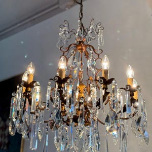 Large Antique Italian Tole Chandelier Wrought Iron Ceiling Light Antique Chandelier with Crystal Drops Florentine Chandelier