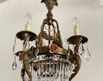 Antique Italian Bronze Chandelier with Putti Wrought Iron Ceiling Light Antique Chandelier with Crystal Drops Murano Drops Chandelier