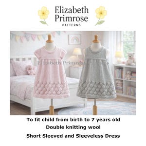 May include: Two knitted dresses, one pink and one gray, displayed on mannequins. The dresses have a textured diamond pattern on the skirt and are short-sleeved and sleeveless. The image includes the text "Elizabeth Primrose Patterns".