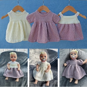 Dolls Dresses and Pinafore Knitting Pattern (no 122) to fit 16, 18 and 20" or 41, 46 and 51 cms.  Digital download PDF knitting pattern.