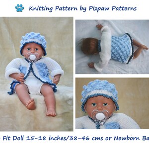 May include: Knitting pattern for a blue and white baby doll outfit and hat. The outfit features a cardigan with a textured stitch and a matching hat. The pattern is for a doll 15-18 inches or a newborn baby.