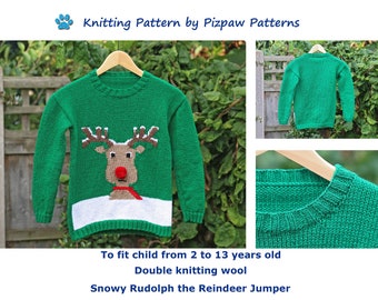 Children's Christmas Reindeer Jumper Knitting Pattern (no 111) to fit 2-3, 4-5, 6-7, 8-9, 10-11 and 12-13 years old.  PDF digital download.