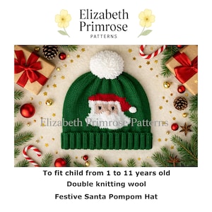 Festive Santa Pompom Hat Knitting Pattern DK – P147 – Sizes 1–11 Years (Digital Download)