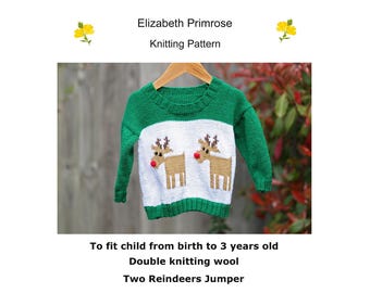 P36 Two Reindeers Christmas Jumper Knitting Pattern to Fit Child