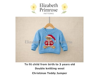 Christmas Teddy Jumper Knitting Pattern P169, DK Wool, Children's 0–3 Years, (Digital Download)