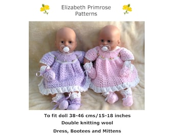 P87 Dress, Bootees and Mittens to fit 15-18 inch/38-46 cms Doll.  Digital download PDF knitting pattern.
