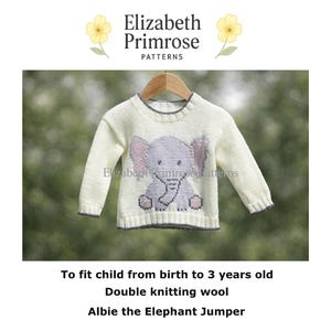 P049 Albie the Elephant Jumper Knitting Pattern, Child Sizes 0-3 Years (Digital Download)