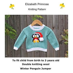 P27 Winter Penguin Jumper Knitting Pattern to fit from birth to 3 years old baby/child.  Digital download PDF.