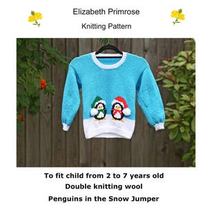 P20 Penguins in the Snow Christmas Jumper Knitting Pattern to fit 2-3, 4-5 and 6-7 year old child.  PDF pattern by digital download