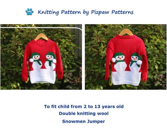 Snowmen Christmas Jumper Knitting Pattern (no 117) to fit children from 2 to 13 years old. Xmas Sweater.  Digital download PDF pattern.