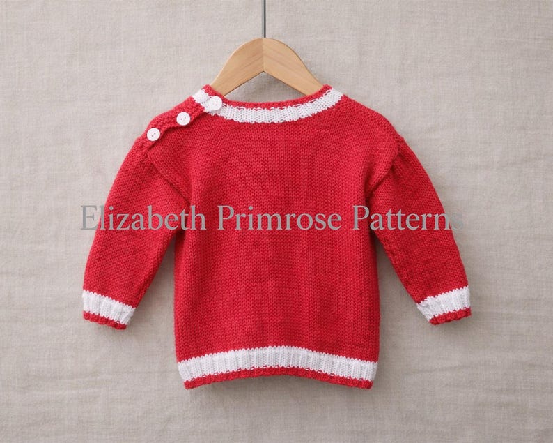 May include: A long-sleeved knit sweater in bright red with white ribbed trim at the crew neckline, cuffs, and hem. The sweater features three small white buttons along the left shoulder seam and the text Elizabeth Primrose Pattern.