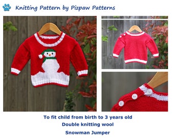 Snowman Christmas Jumper Knitting Pattern (12) to fit child 0-6m, 6-12m, 1-2yrs and 2-3 years old.  PDF pattern by digital download.