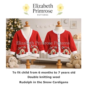 Peut inclure: Deux gilets en tricot rouge avec des bordures blanches et un motif de renne Rudolph au nez rouge. Le texte Elizabeth Primrose Patterns est visible. Ces gilets sont conçus pour les enfants de 6 mois à 7 ans en laine à double tricot.