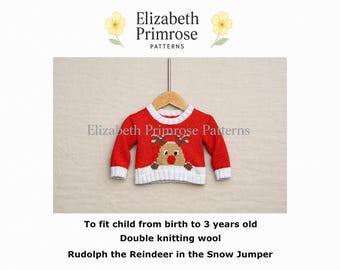 Reindeer in Snow Jumper Knitting Pattern, newborn to 3 years old, P28 (Digital Download)