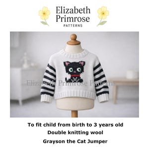 May include: A white long-sleeve sweater with black horizontal stripes on the sleeves and a graphic of a black cat with pink ears and a red collar on the front. The text Elizabeth Primrose Patterns, To fit child from birth to 3 years old, Double knitting wool, and Grayson the Cat Jumper are visible.