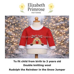 May include: A festive red knitted jumper with a reindeer motif. The jumper has a white collar, cuffs, and hem. The reindeer has a brown face, a red nose, and antlers. Designed for children aged from birth to 3 years old.