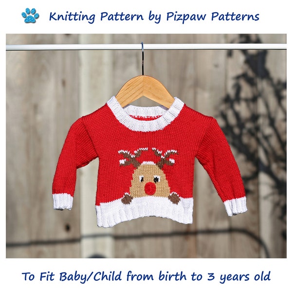 Rudolph the Reindeer in the Snow Jumper Knitting Pattern  (no 28) to fit baby/child from birth to 3 years old.  PDF digital download.