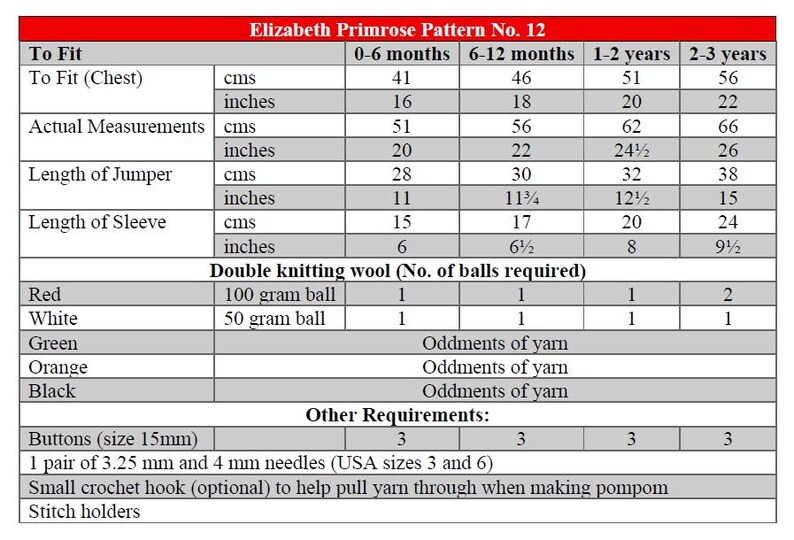 May include: A sizing and materials chart for Elizabeth Primrose Pattern No. 12, detailing chest measurements in inches, jumper and sleeve lengths, and requirements for double knitting wool in red, white, green, orange, and black, plus 15mm buttons.