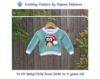 Winter Penguin Jumper (no 27) Knitting Pattern to fit from birth to 3 years old baby/child.  Digital download PDF.