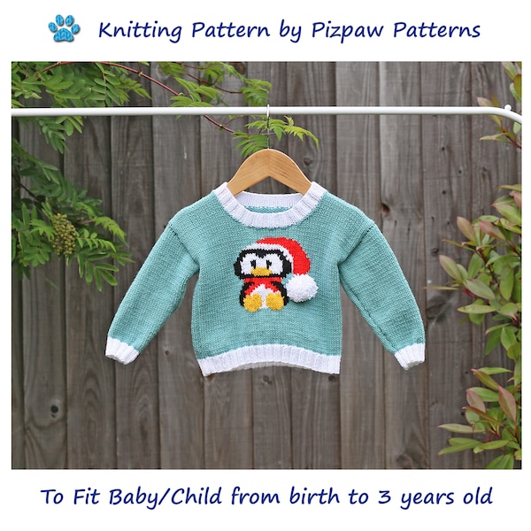 Winter Penguin Jumper (no 27) Knitting Pattern to fit from birth to 3 years old baby/child.  Digital download PDF.