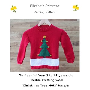 P143 Children&#39;s Christmas Tree Motif Jumper/Sweater Knitting Pattern to fit 2-13 years old.  Digital download PDF pattern.