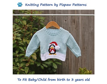 Christmas Penguin in the Snow Jumper (29) Knitting Pattern to fit from birth to 3 years old.  PDF pattern by digital download