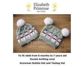Snowman Bobble & Teabag Hats Knitting Pattern P175 — DK — 6 Months to 7 Years (Digital Download)